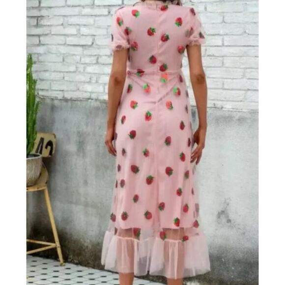 Strawberry Maxi Dress Sequin Fruit Spring Tulle Cottagecore Sz Med Pink Fairy Pr - Picture 2 of 8